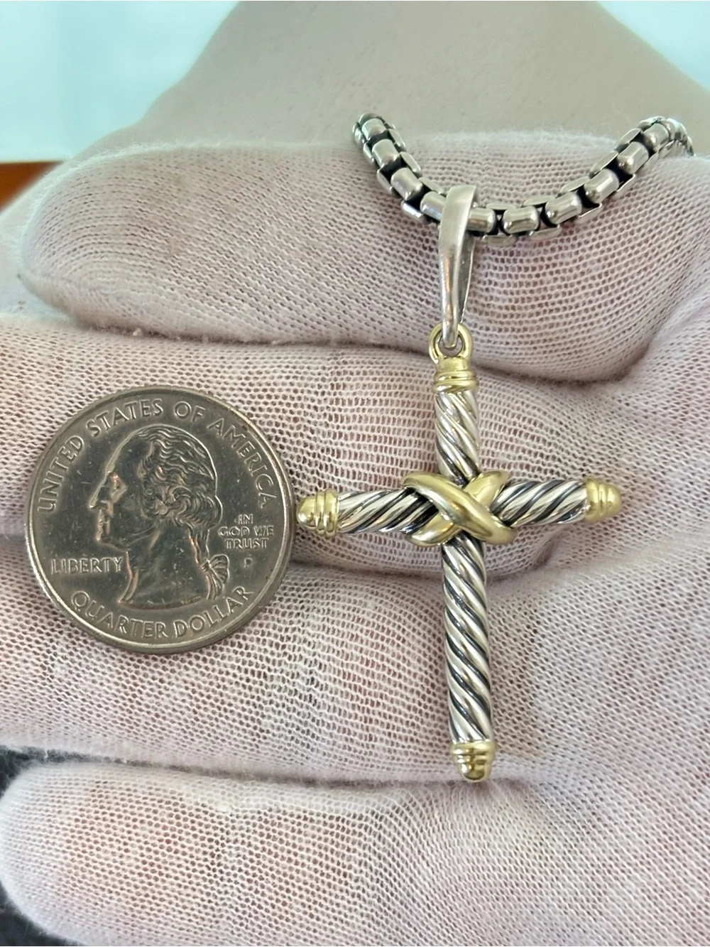 David Yurman 925 & 14k Gold Unisex Cable Cross Pendant Necklace 18